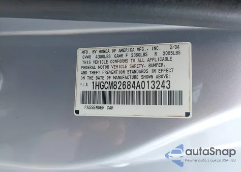 2004 Honda Accord 3.0 Ex from USA, damaged, VIN 1HGCM82684A013243